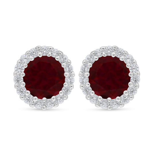 Sterling Silver 925 Earring Rhodium Plated Embedded With Ruby Corundum And White Zircon