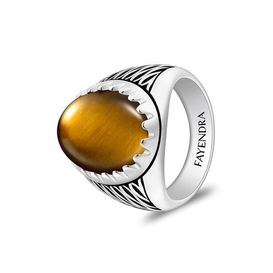 Sterling Silver 925 Ring Rhodium And Black Plated Embedded With Cabochon Yellow Tiger Eye For Men