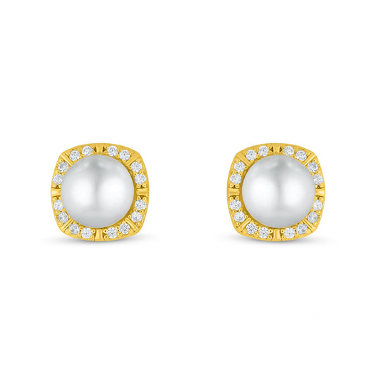 Sterling Silver 925 Earring Golden Plated Embedded With Natural White Pearl And White Zircon