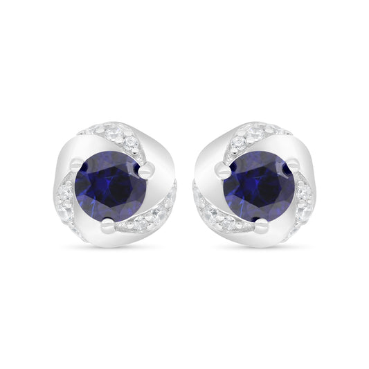 Sterling Silver 925 Earring Rhodium Plated Embedded With Sapphire Corundum And White Zircon