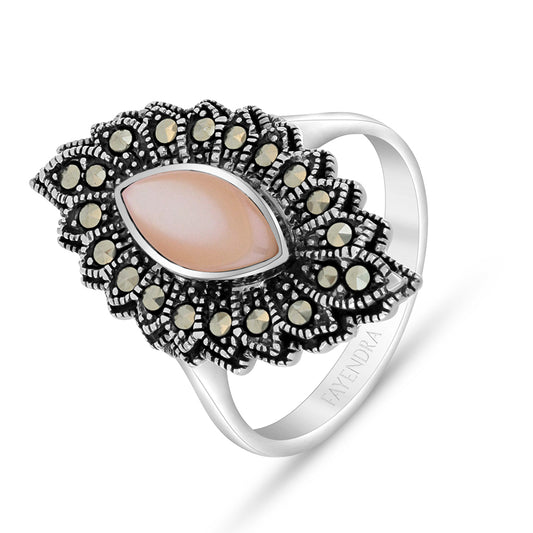 Sterling Silver 925 Ring Embedded With Natural Pink Shell And Marcasite Stones