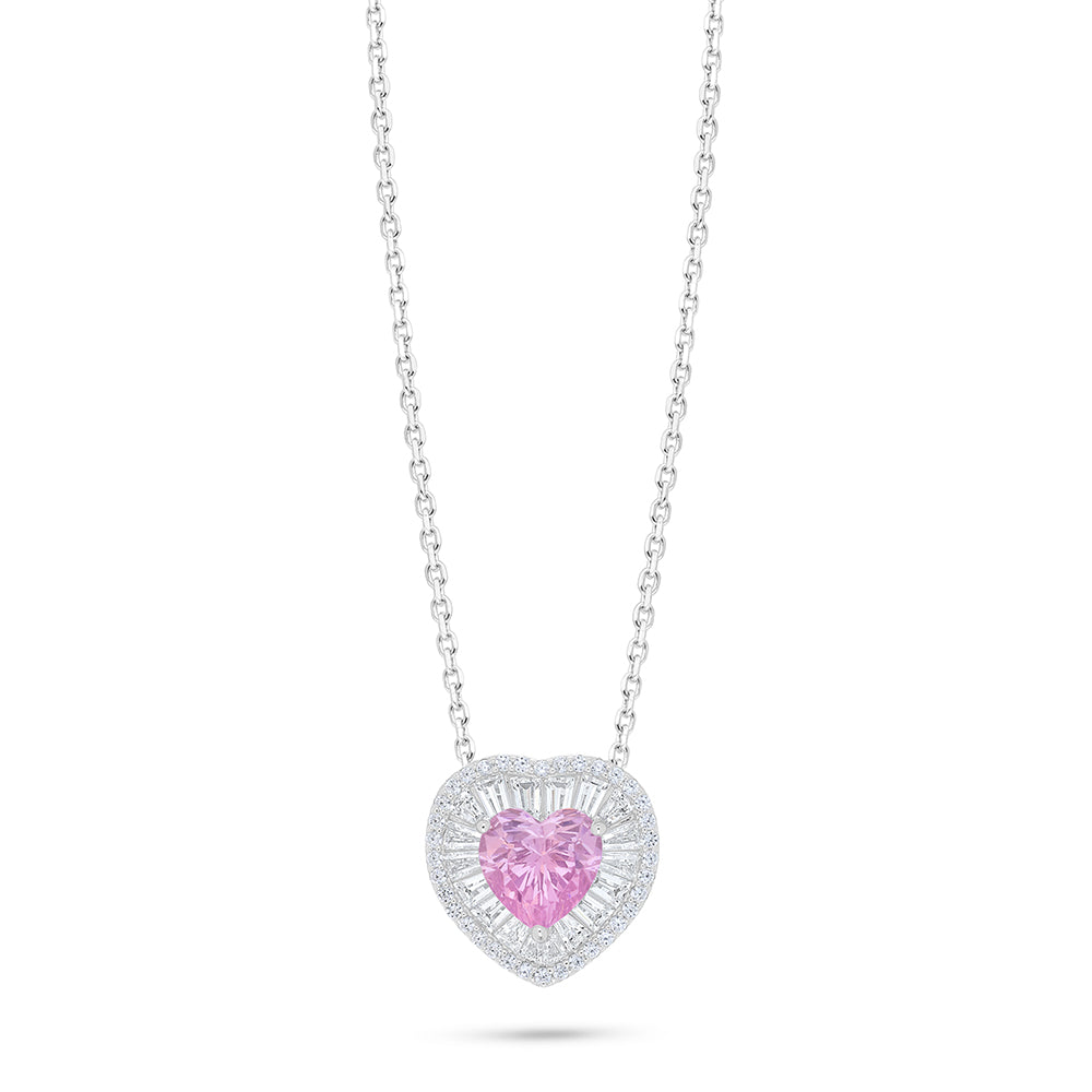 Sterling Silver 925 Necklace Rhodium Plated Embedded With Pink Zircon And White Zircon