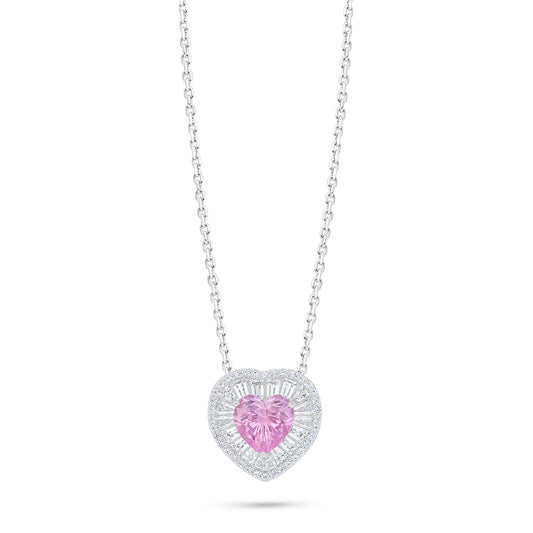 Sterling Silver 925 Necklace Rhodium Plated Embedded With Pink Zircon And White Zircon