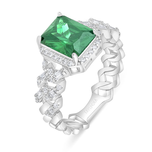 Sterling Silver 925 Ring Rhodium Plated Embedded With Emerald Zircon And White Zircon