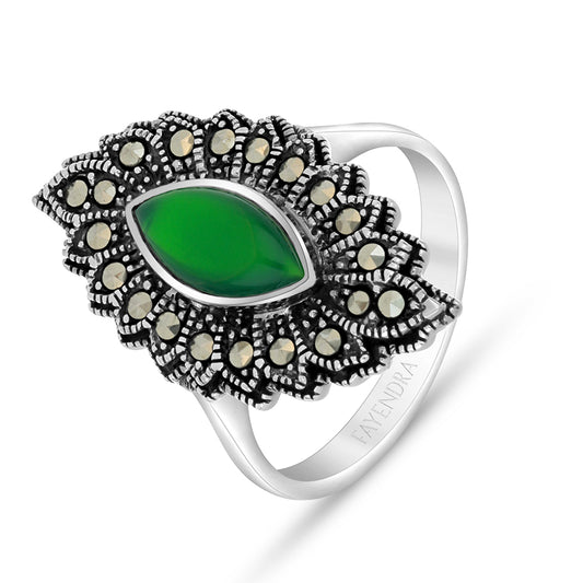 Sterling Silver 925 Ring Embedded With Natural Green Agate And Marcasite Stones