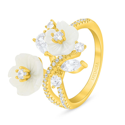 Sterling Silver 925 Ring Golden Plated Embedded With White Shell And White Zircon