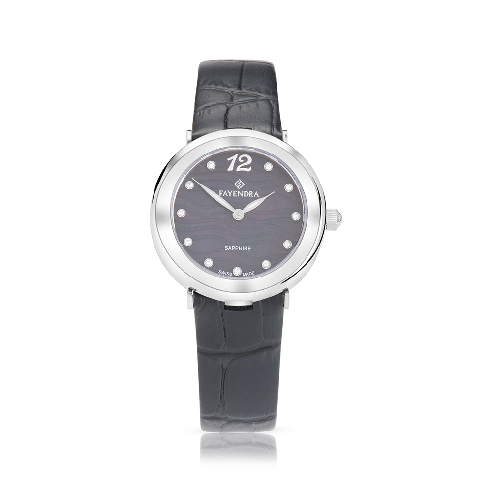 Stainless Steel 316L Watch Silver Color Black Leather And White Zircon - BLACK MOP DIAL