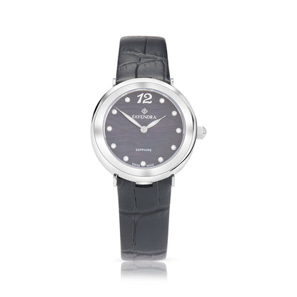 Stainless Steel 316L Watch Silver Color Black Leather And White Zircon - BLACK MOP DIAL