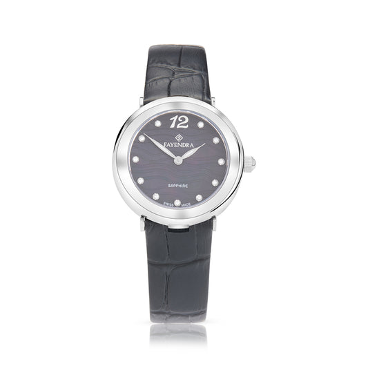 Stainless Steel 316L Watch Silver Color Black Leather And White Zircon - BLACK MOP DIAL