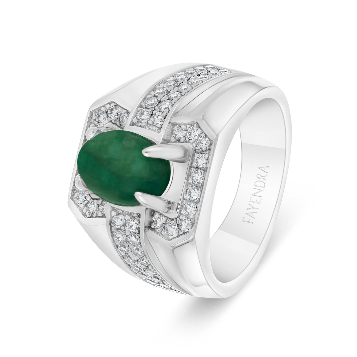 Sterling Silver 925 Men Ring Rhodium Plated Embedded With Natural Emerald And Natural Diamond (CVD)