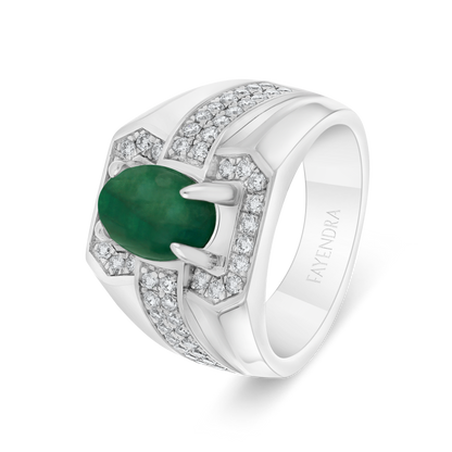 Sterling Silver 925 Men Ring Rhodium Plated Embedded With Natural Emerald And Natural Diamond (CVD)