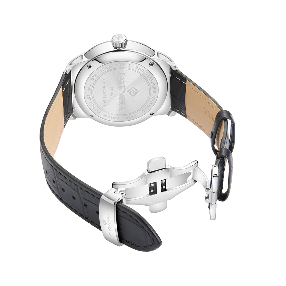 Stainless Steel 316L Watch Silver Color Black Leather For Men - BLACK MOP DIAL