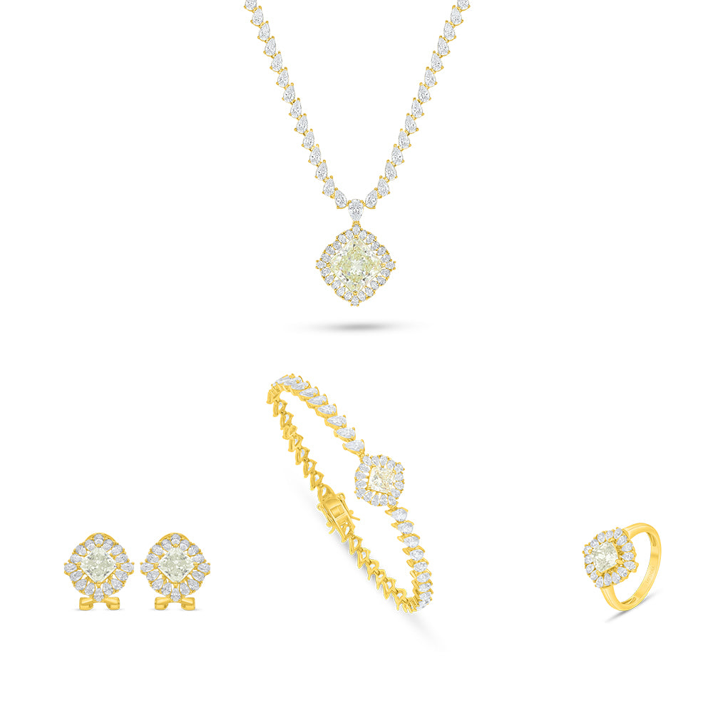 طقم من الفضة الخالصة عيار 925 مطلي ذهبي مرصع احجار زركون كناري الماسي و فص ابيض