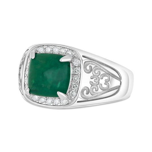 Sterling Silver 925 Men Ring Rhodium Plated Embedded With Natural Emerald And Natural Diamond (CVD)