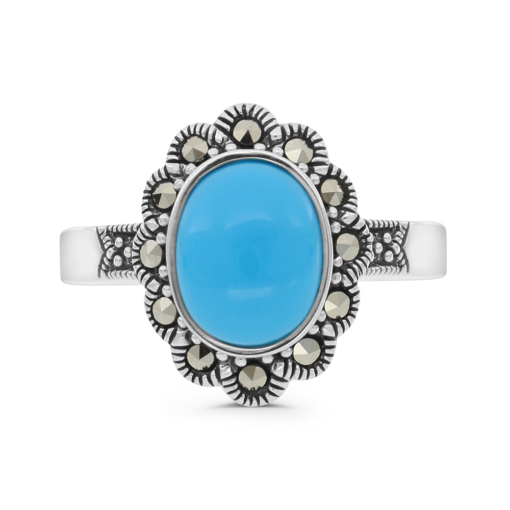 Sterling Silver 925 Ring Embedded With Natural Processed Turquoise And Marcasite Stones