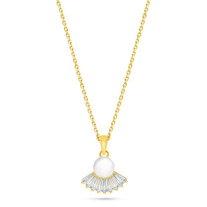 Sterling Silver 925 Necklace Golden Plated Embedded With Natural White Pearl And White Zircon