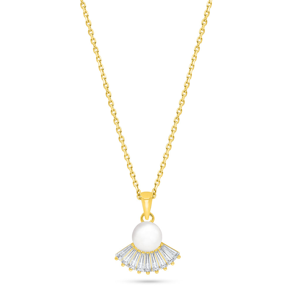 Sterling Silver 925 Necklace Golden Plated Embedded With Natural White Pearl And White Zircon