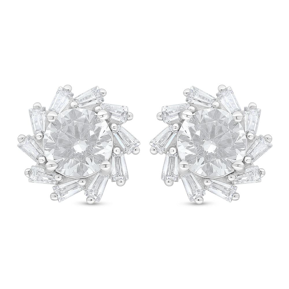 Sterling Silver 925 Earring Rhodium Plated Embedded With White Zircon