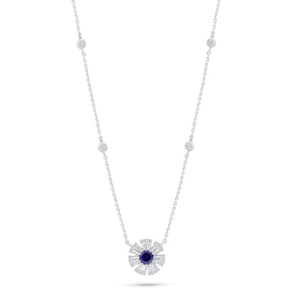 Sterling Silver 925 Necklace Rhodium Plated Embedded With Sapphire Corundum And White Zircon