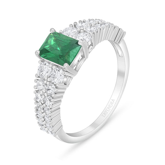 Sterling Silver 925 Ring Rhodium Plated Embedded With Emerald Zircon And White Zircon