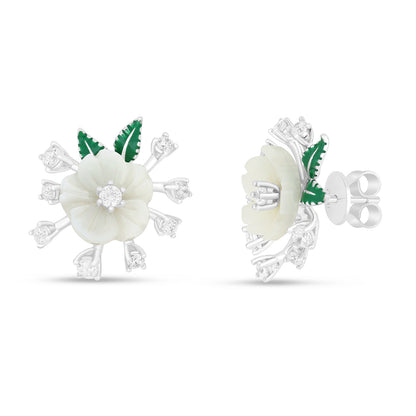 Sterling Silver 925 Earring Rhodium Plated Embedded With White Shell And White Zircon
