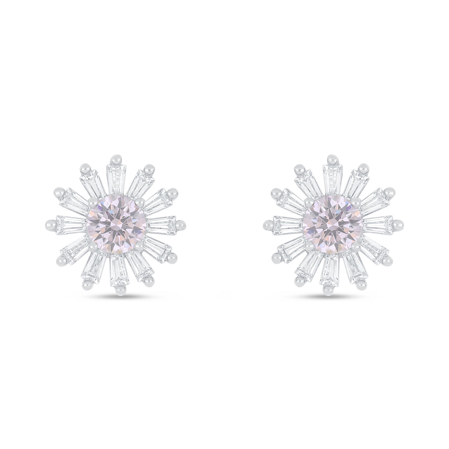 Sterling Silver 925 Earring Rhodium Plated Embedded With Pink Zircon And White Zircon