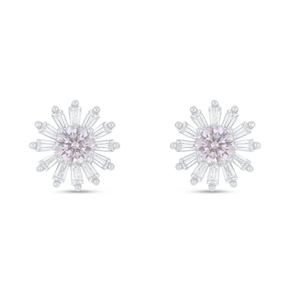 Sterling Silver 925 Earring Rhodium Plated Embedded With Pink Zircon And White Zircon
