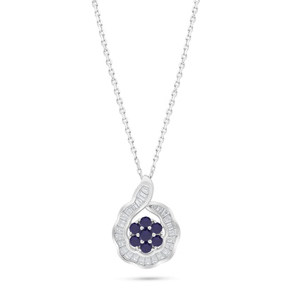 Sterling Silver 925 Necklace Rhodium Plated Embedded With Sapphire Corundum And White Zircon