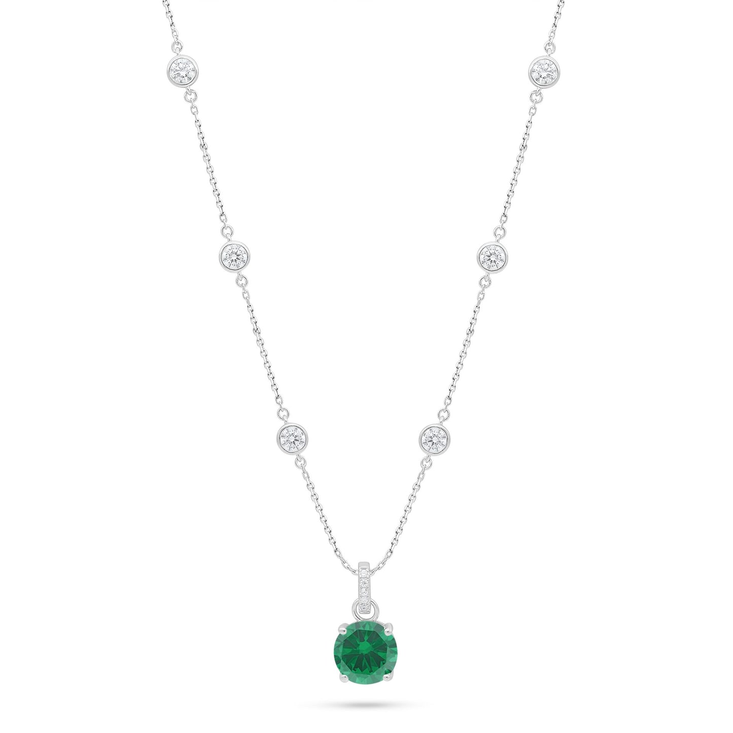 عقد من الفضة الخالصة عيار 925 مطلي روديوم مرصع زركون زمردي و فص ابيض