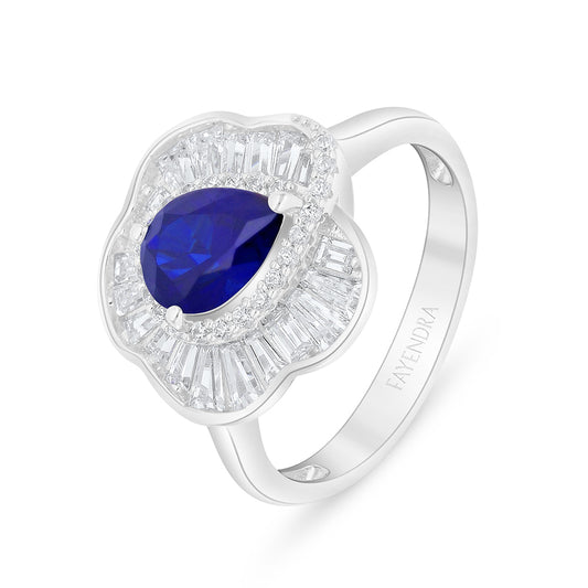Sterling Silver 925 Ring Rhodium Plated Embedded With Sapphire Corundum And White Zircon