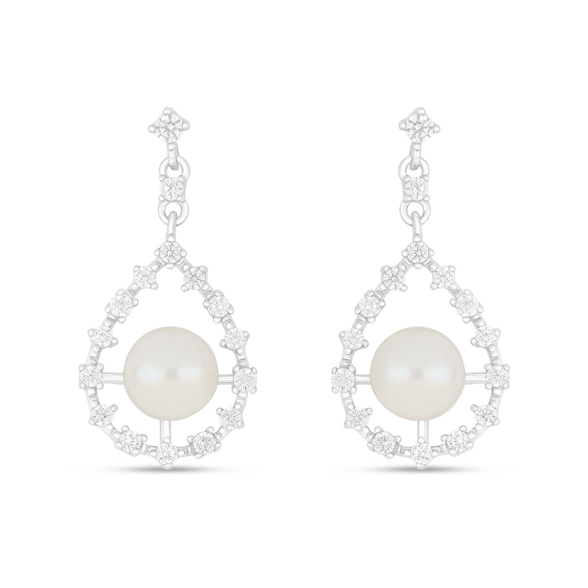 Sterling Silver 925 Earring Rhodium Plated Embedded With Natural White Pearl And White Zircon