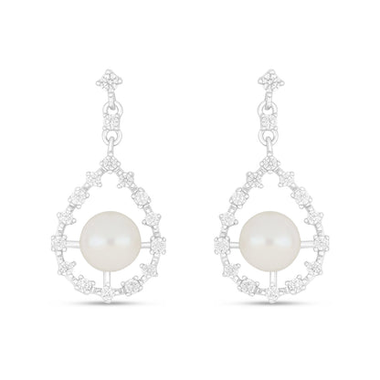 Sterling Silver 925 Earring Rhodium Plated Embedded With Natural White Pearl And White Zircon