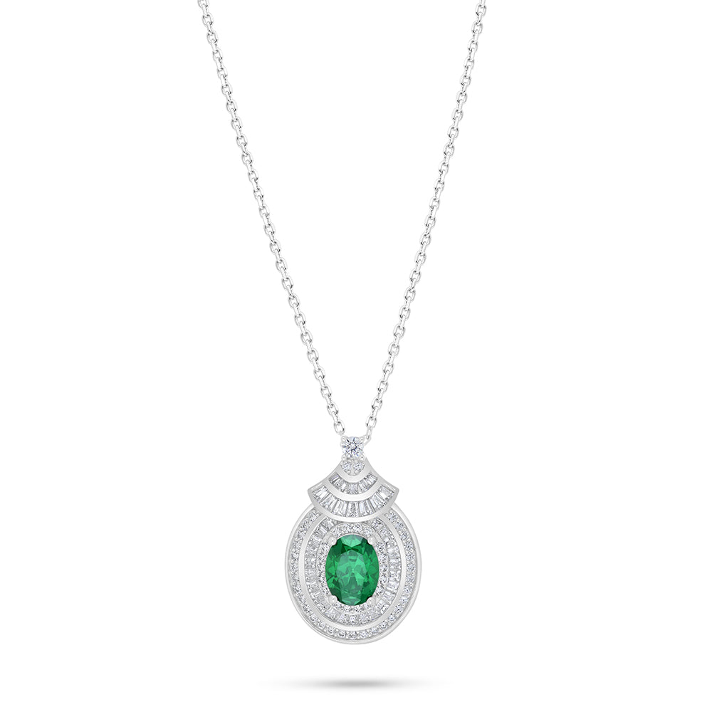 Sterling Silver 925 Necklace Rhodium Plated Embedded With Emerald Zircon And White Zircon