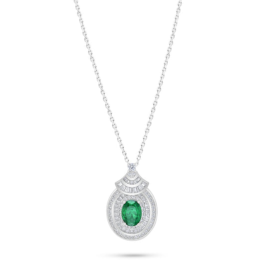 Sterling Silver 925 Necklace Rhodium Plated Embedded With Emerald Zircon And White Zircon