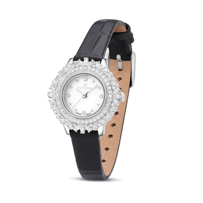 Stainless Steel 316 Watch Silver Color Black Leather Embedded With White Zircon - WHITE MOP DIAL