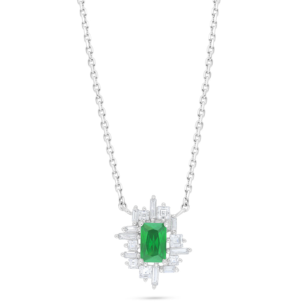 Sterling Silver 925 Necklace Rhodium Plated Embedded With Emerald Zircon And White Zircon
