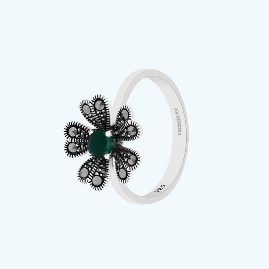 Sterling Silver 925 Ring Embedded With Natural Green Agate And Marcasite Stones