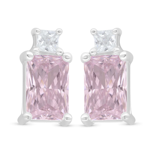 Sterling Silver 925 Earring Rhodium Plated Embedded With Pink Zircon And White Zircon
