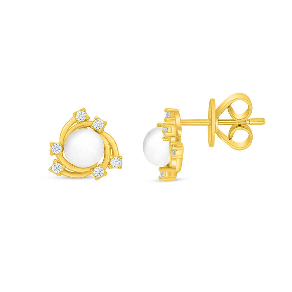 Sterling Silver 925 Earring Golden Plated Embedded With Natural White Pearl And White Zircon