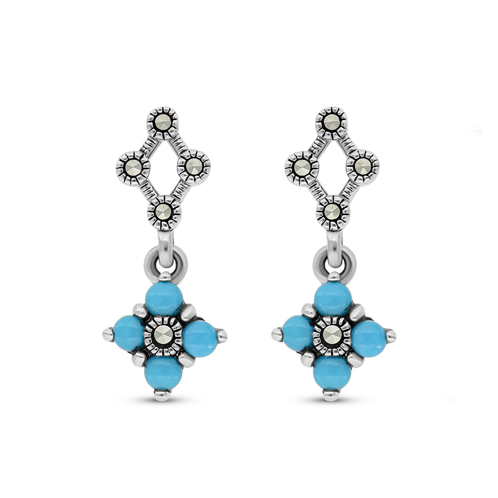 Sterling Silver 925 Earring Embedded With Natural Processed Turquoise And Marcasite Stones