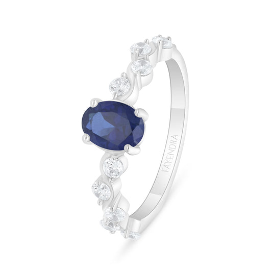 Sterling Silver 925 Ring Rhodium Plated Embedded With Sapphire Corundum And White Zircon