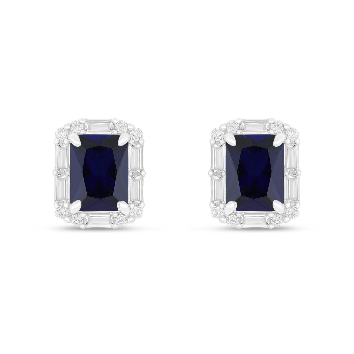 Sterling Silver 925 Earring Rhodium Plated Embedded With Sapphire Corundum And White Zircon