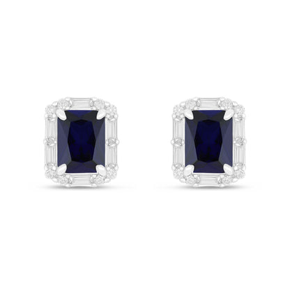 Sterling Silver 925 Earring Rhodium Plated Embedded With Sapphire Corundum And White Zircon