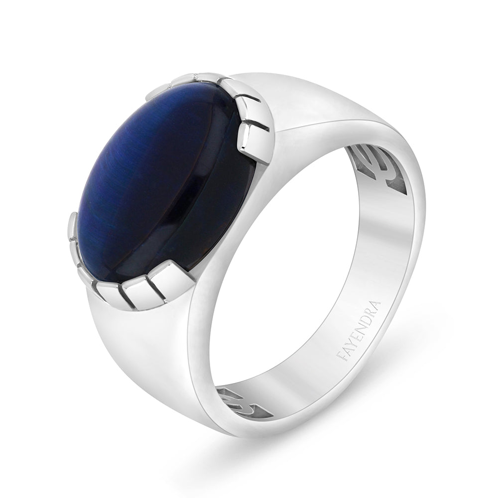 Sterling Silver 925 Ring Rhodium Plated Embedded With Cabochon Blue Tiger Eye For Men