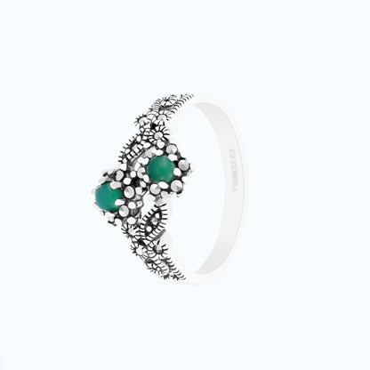 Sterling Silver 925 Ring Embedded With Natural Green Agate And Marcasite Stones