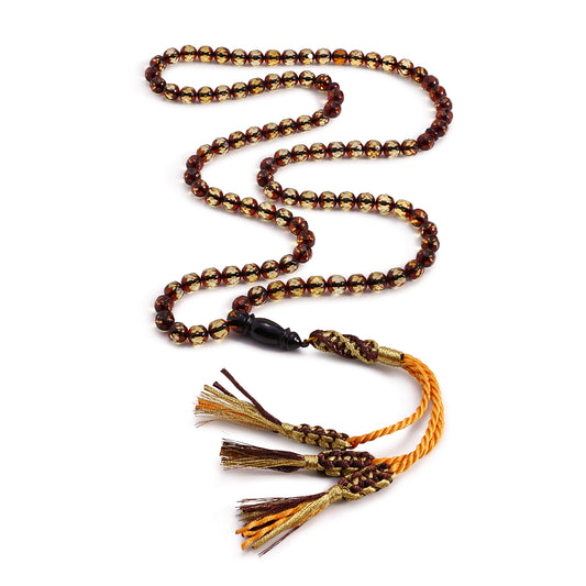 Rosary 100 Embedded With Natural Green Amber Round Faceted Beads 6 mm And Fabric Tassel