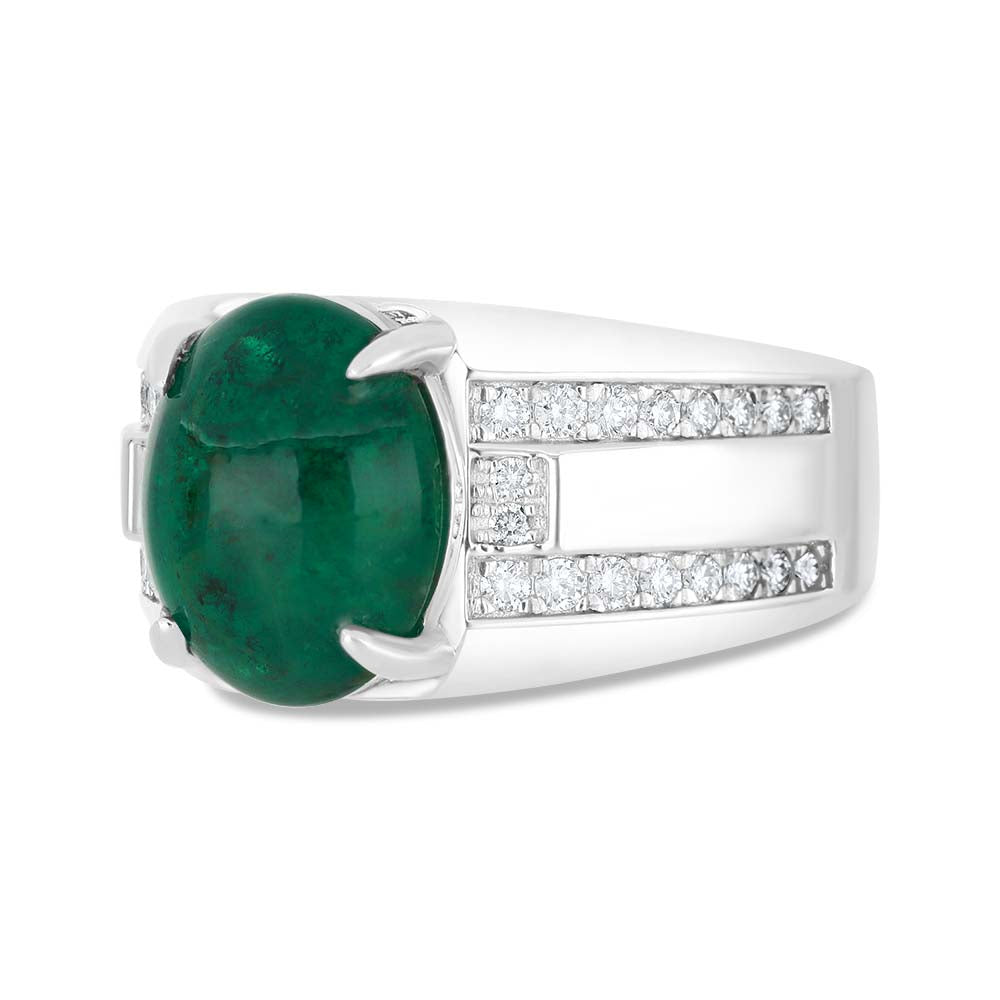 خاتم رجالي عيار 925 مطلي روديوم مرصع بحجر الزمرد الطبيعي و الالماس الطبيعي سي في دي جودة في في اس