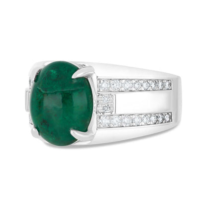 خاتم رجالي عيار 925 مطلي روديوم مرصع بحجر الزمرد الطبيعي و الالماس الطبيعي سي في دي جودة في في اس