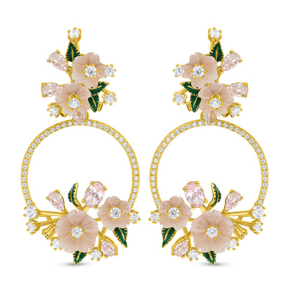 Sterling Silver 925 Earring Golden Plated Embedded With Pink Shell And Pink Zircon