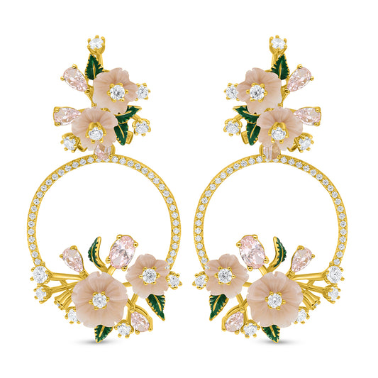 Sterling Silver 925 Earring Golden Plated Embedded With Pink Shell And Pink Zircon
